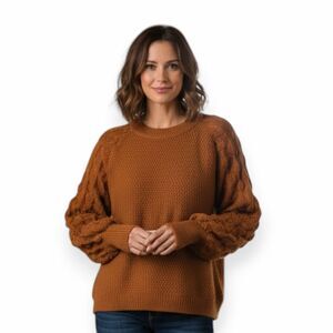 &MERCI Women’s Burnt Orange Textured Knit Balloon Sleeve Sweater Size Medium